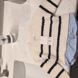 Zara Ivory and Navy Striped Sweater with Light Blue Hem